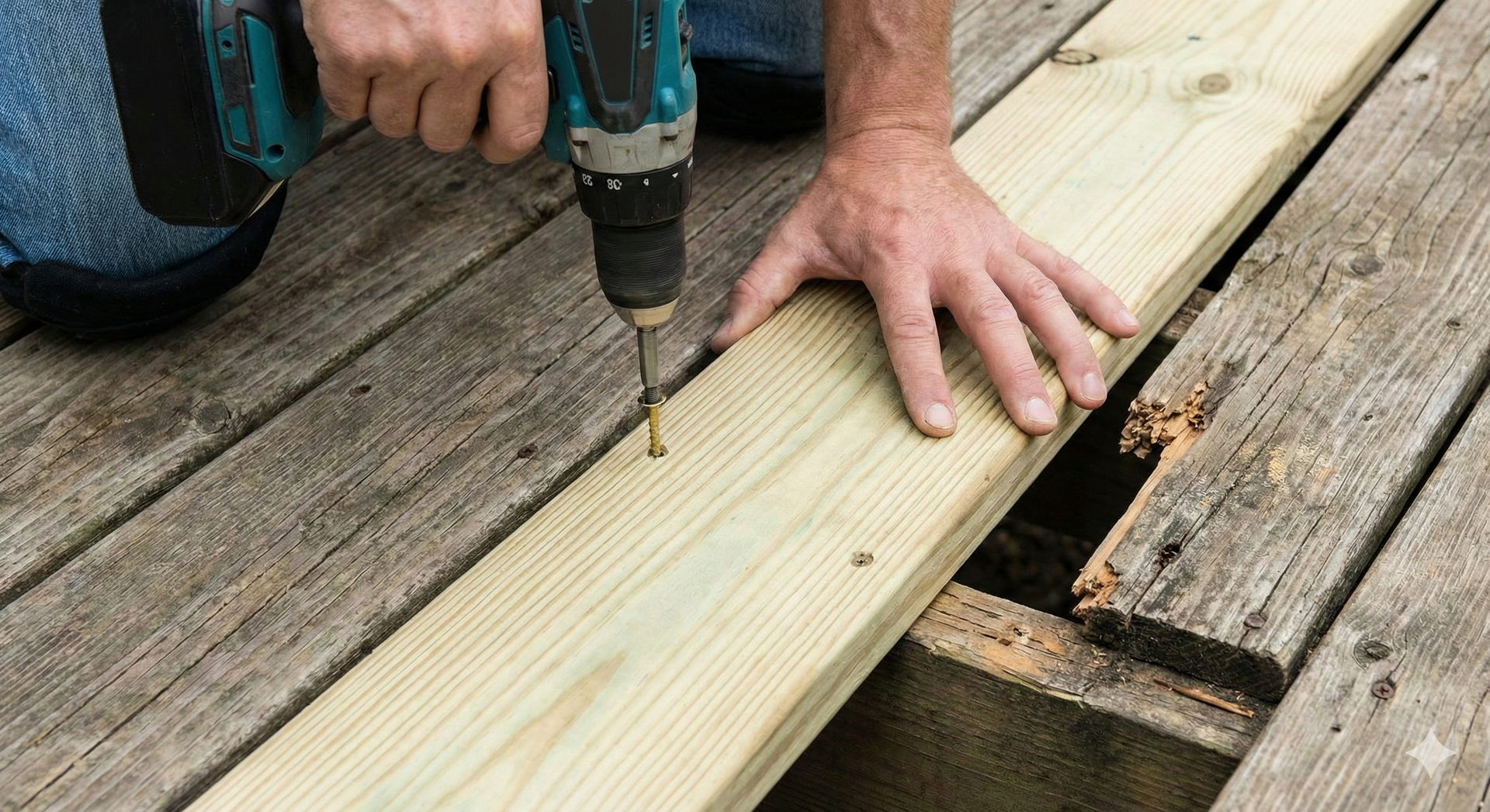 Person using a drill to screw a wooden board onto a deck.