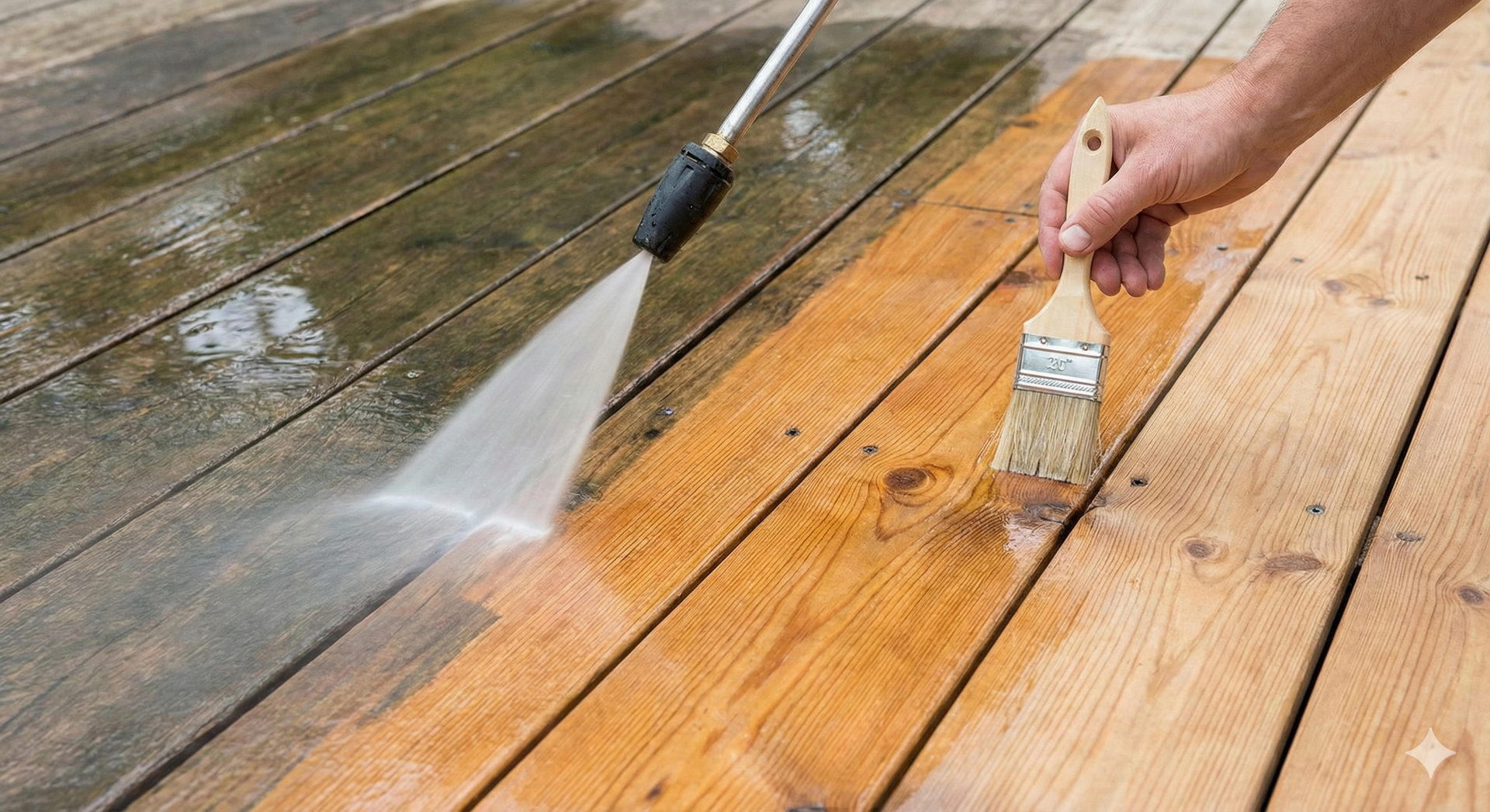 Person power washing and brushing wooden deck boards.