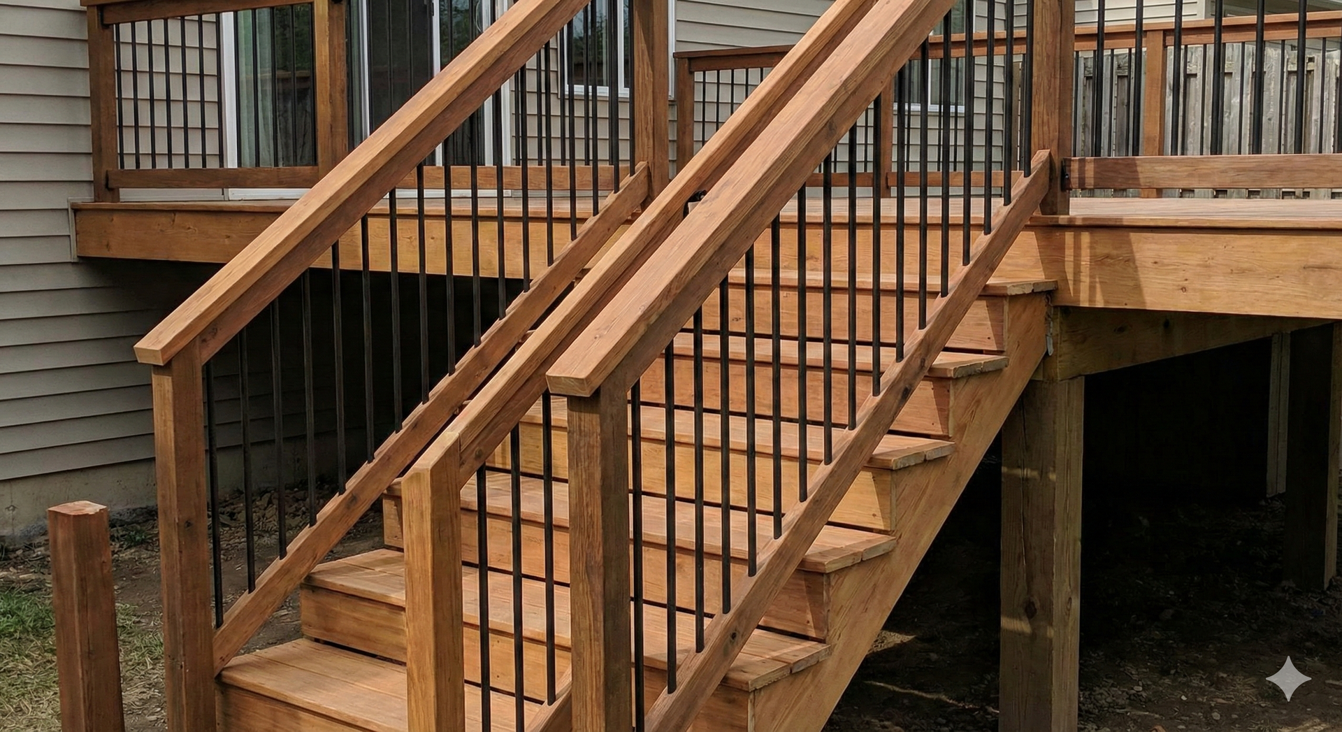 Wooden deck stairs with black vertical railings.