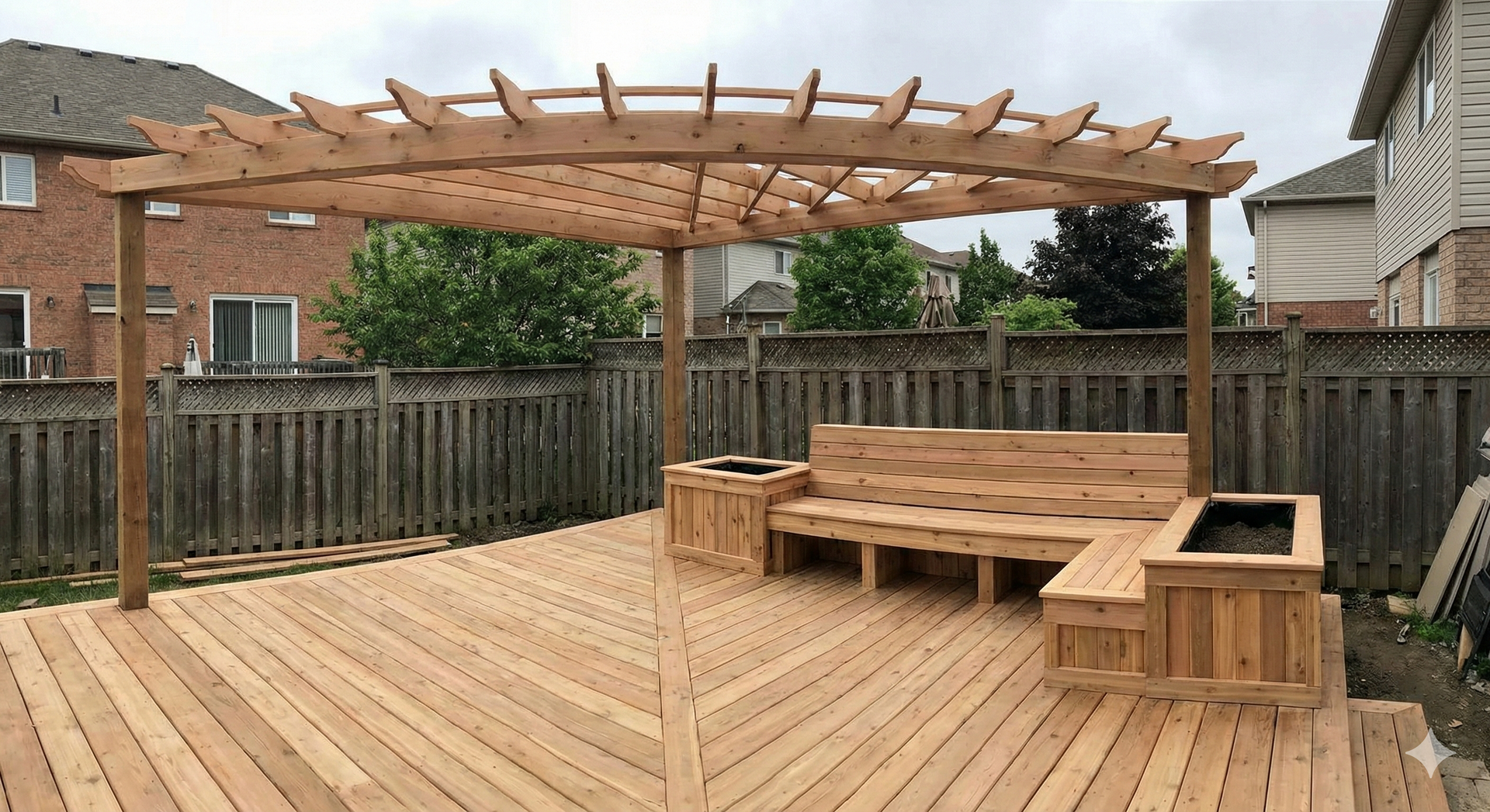 Wooden pergola over a deck with built-in seating and planters. Back fence and houses in the background.