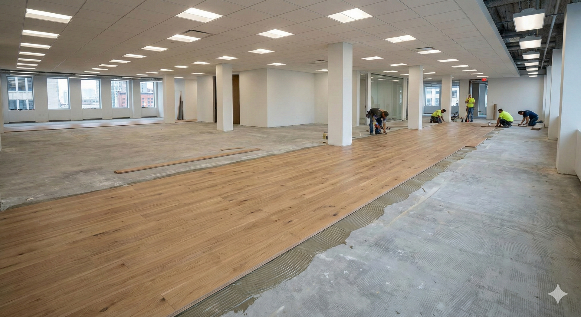 Workers installing hardwood flooring in a large, open commercial space.