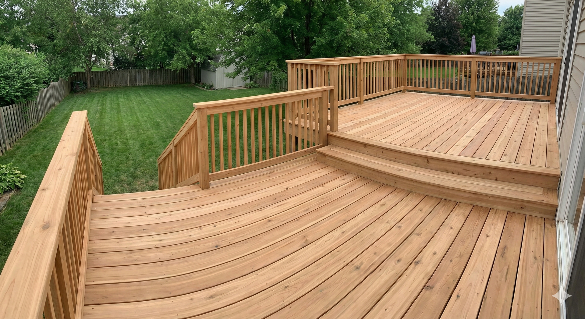 Wooden deck with multiple levels, stairs, and railings overlooking a green backyard.