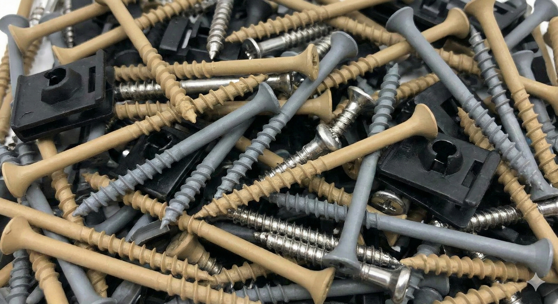 Pile of tan, gray, and silver screws, plus black deck clips.