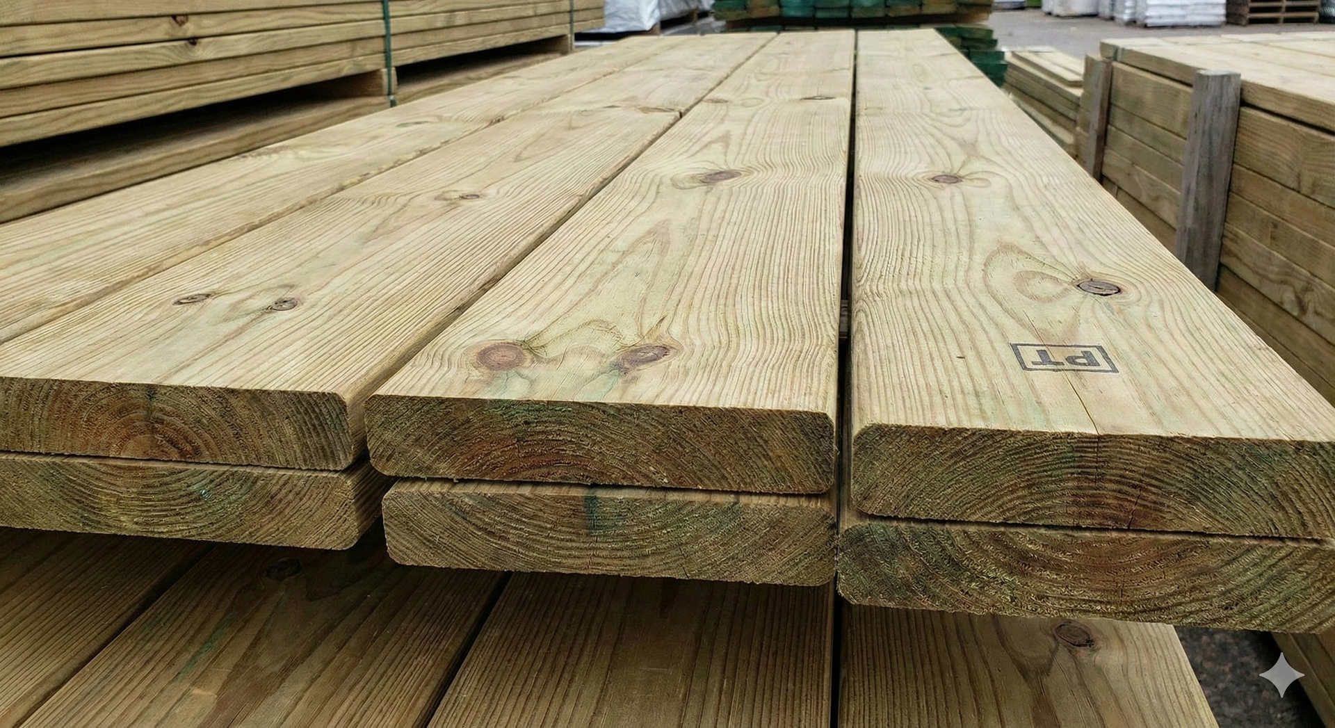 Stack of treated wooden planks.