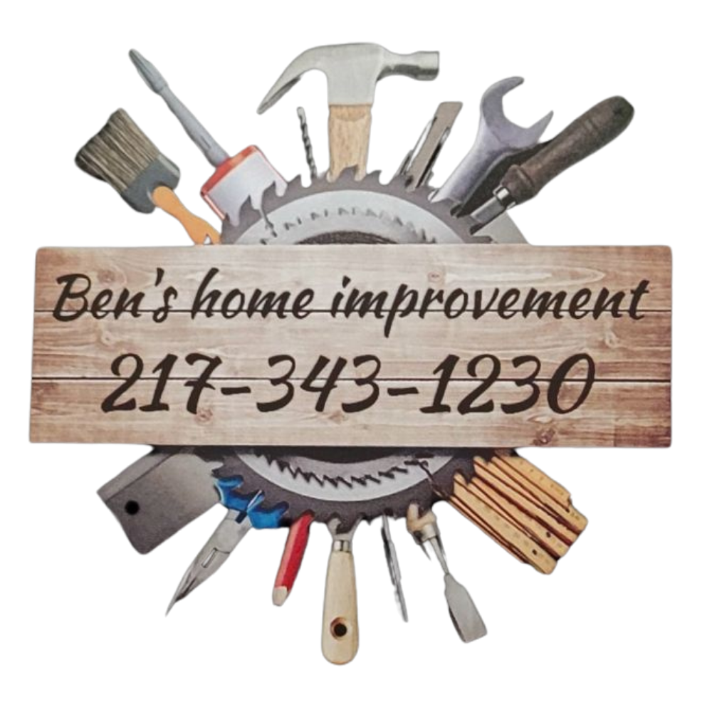 Logo for Ben's Home Improvement with tools surrounding a wooden sign with company name and phone number.