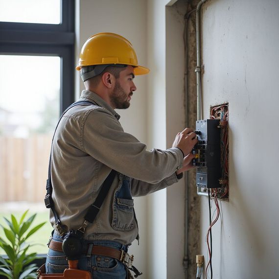 Electrician in yellow hard hat working on wiring panel on a white wall.