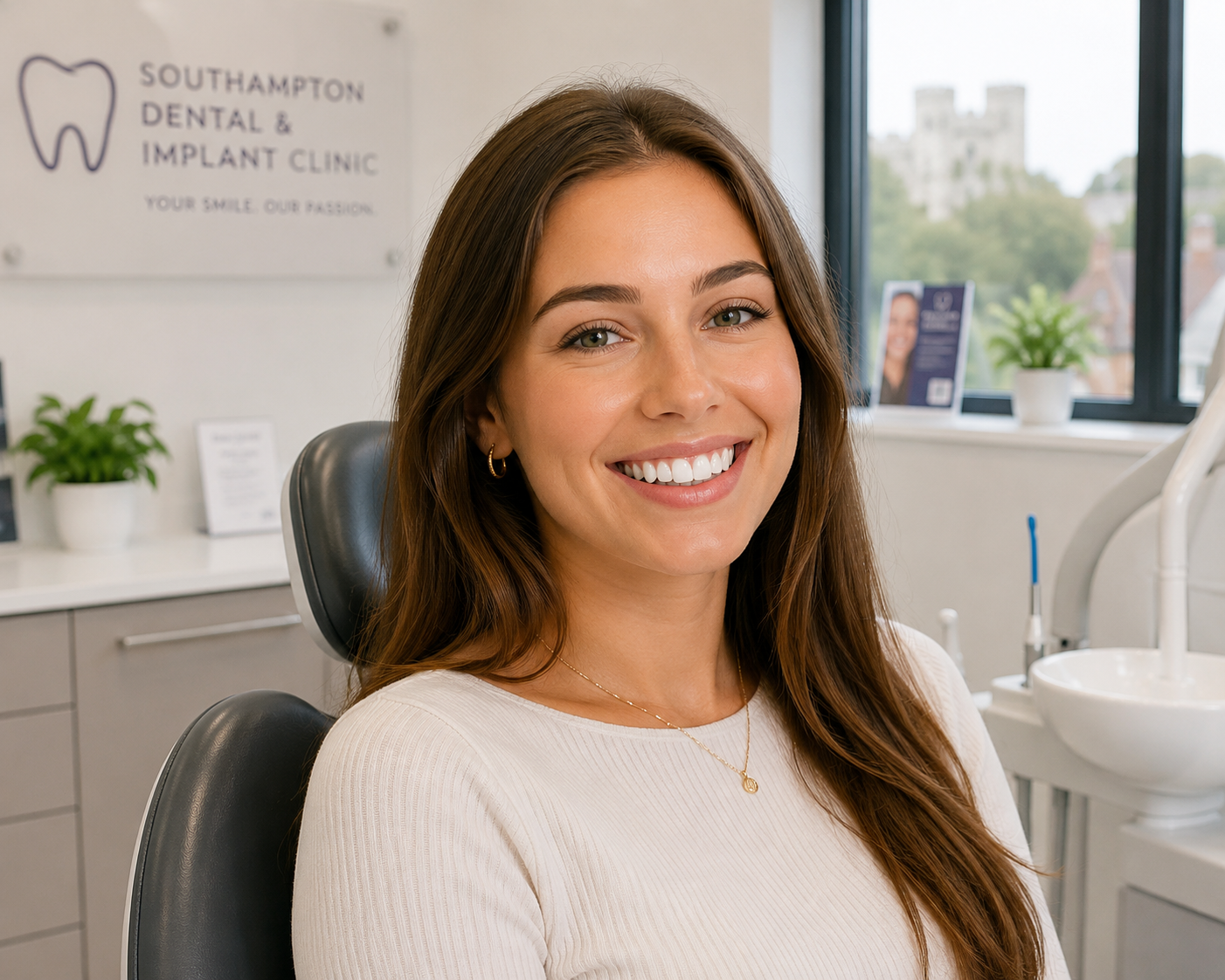 Young woman smiling confidently after cosmetic dental treatment at a dentist near Southampton Hampsh