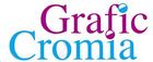Logo "Grafic Cromia" in viola e verde acqua, con piccoli cerchi colorati sopra le lettere.