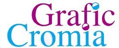 Logo "Grafic Cromia" in viola e verde acqua, con piccoli cerchi colorati sopra le lettere.
