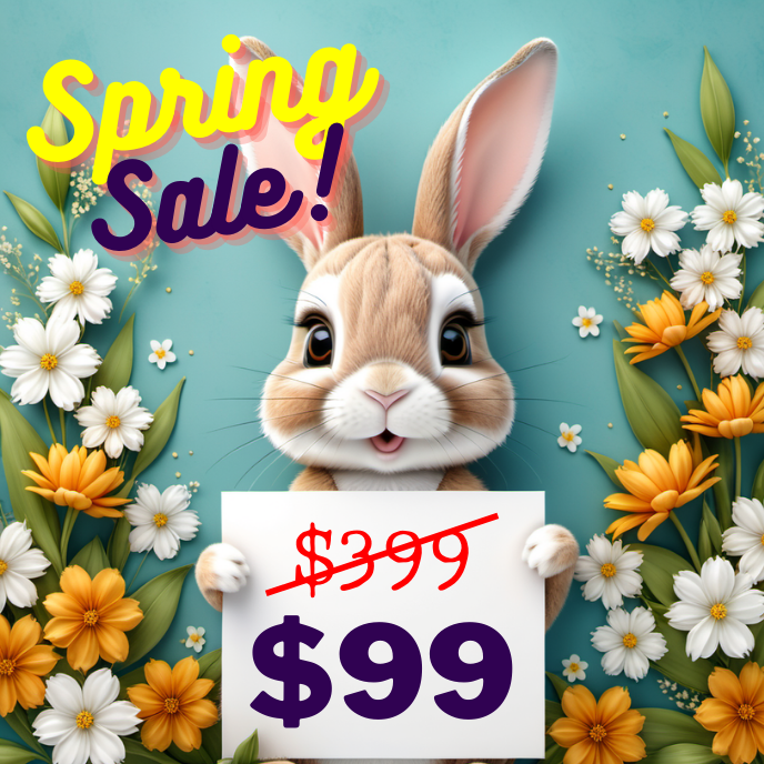 A bunny is holding a sign that says Sale $ 99 websites instead of $399 regular price