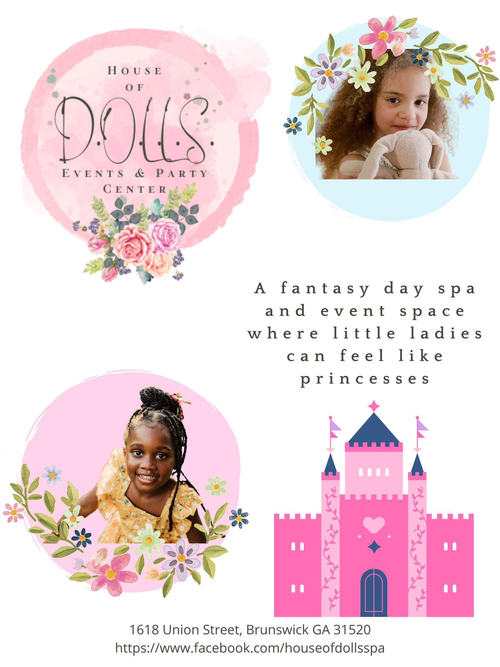 A poster for a fantasy day spa and event space where little girls can feel like princesses