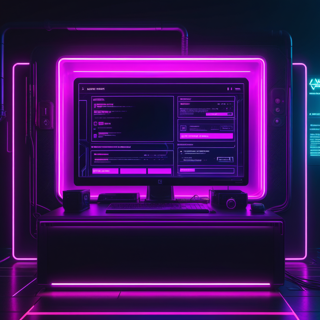 A computer monitor is sitting on a table in a room with neon lights.