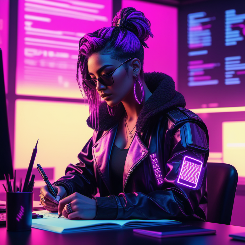 A woman with purple hair is sitting at a desk in front of a computer writing with a pen.