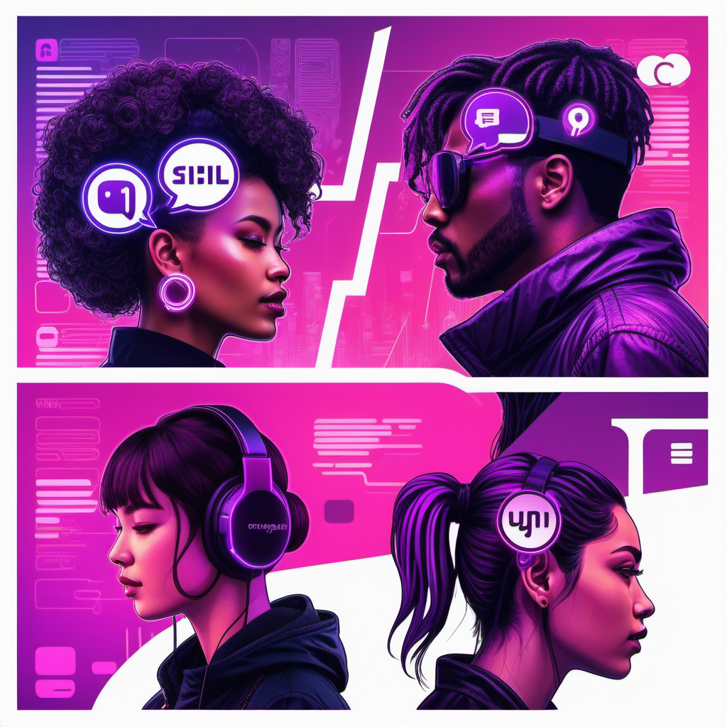 A man and a woman are wearing headphones and sunglasses symbolizing social media.