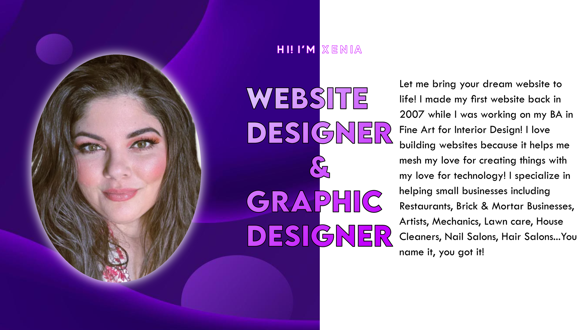 A photo of XenBunny and text that says website designer and graphic designer.