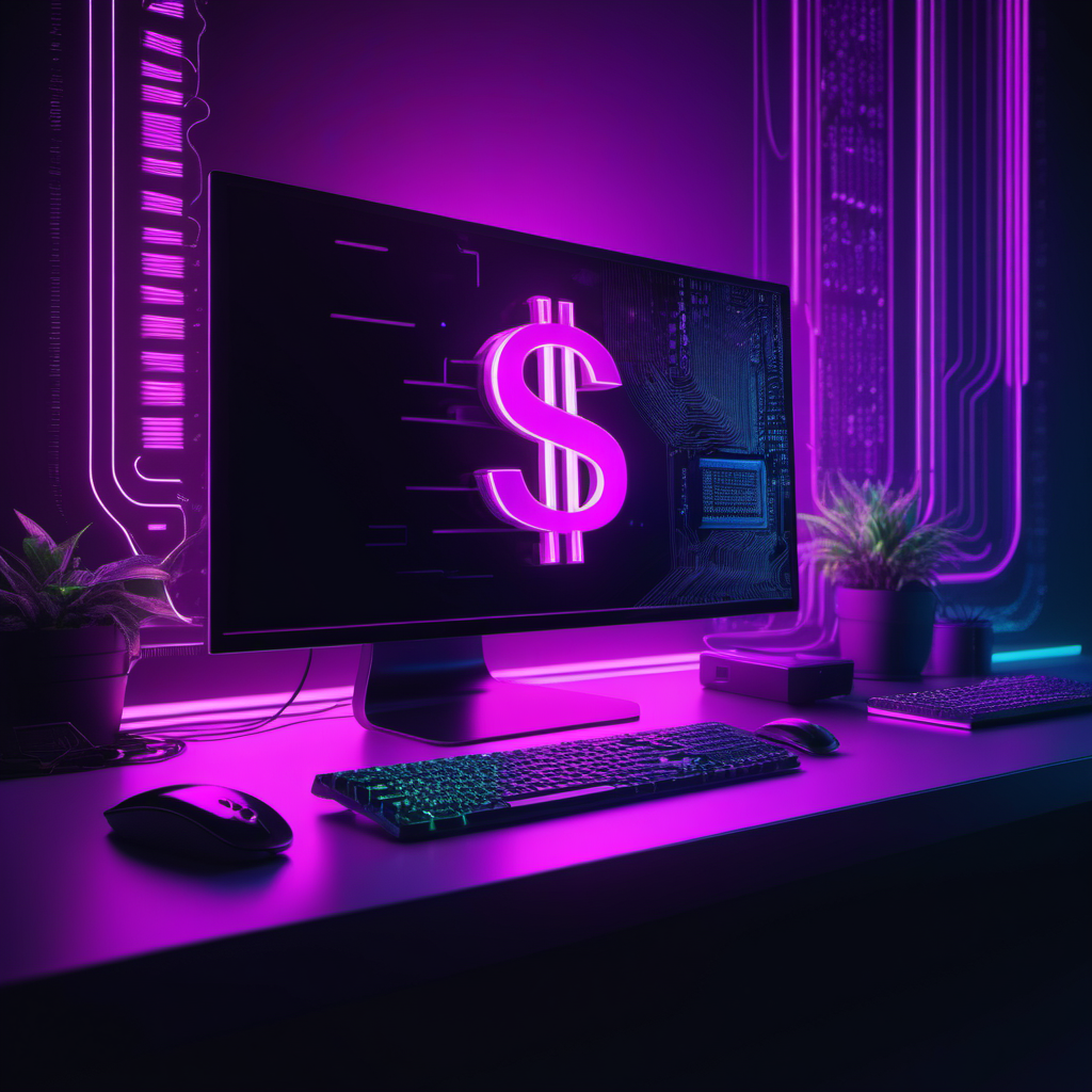 A computer monitor with a dollar sign on it is sitting on a desk.
