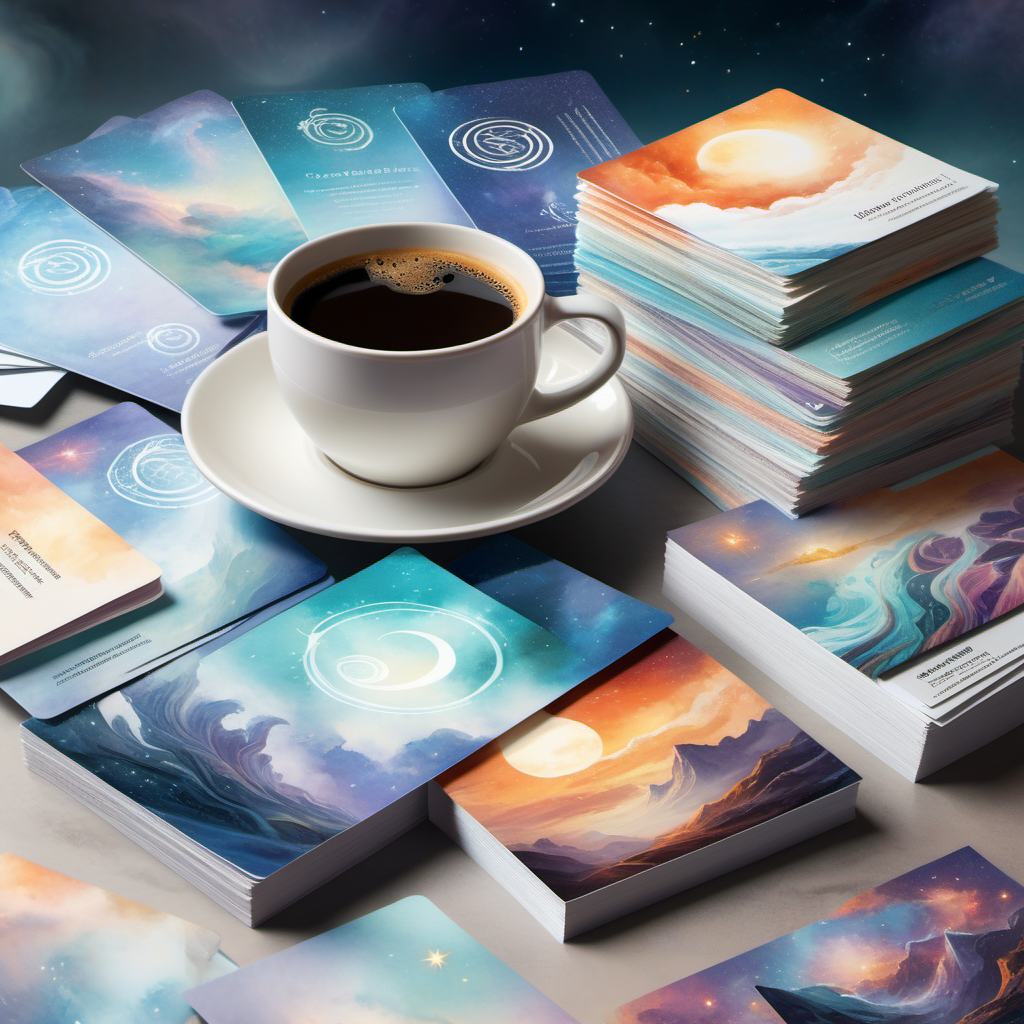 A cup of coffee sits on a saucer next to stacks of business cards