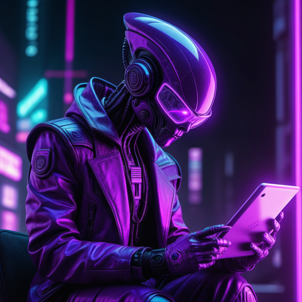 An alien in a futuristic helmet is using a tablet computer.
