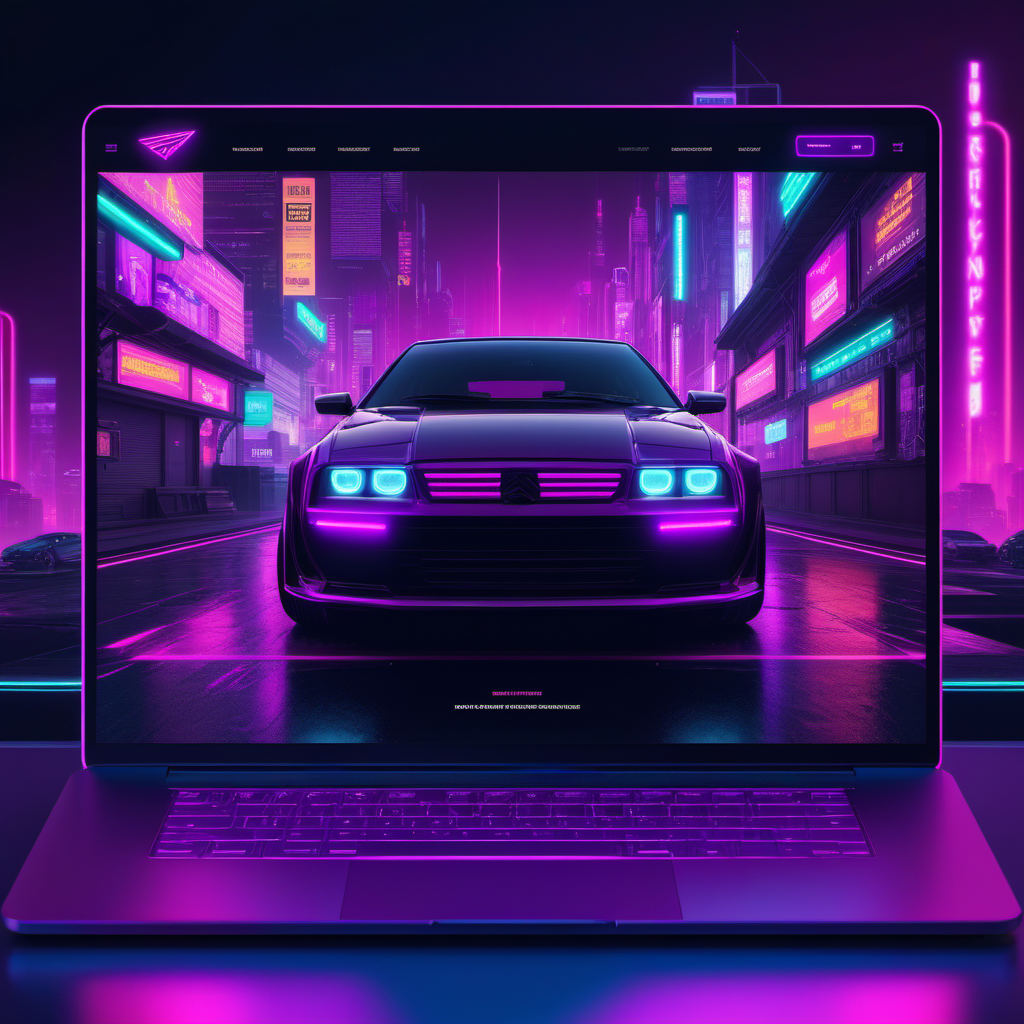 A laptop computer with a neon car on the screen.
