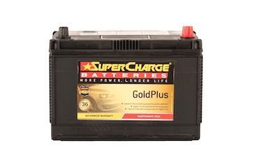 A Super Charge Gold Plus Car Battery Is Shown On A White Background — Rainbow Beach Auto Electrics In Rainbow Beach, QLD