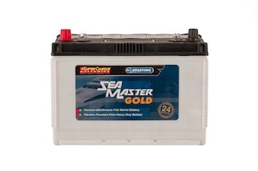 A Sea Master Gold Battery Is Shown On A White Background — Rainbow Beach Auto Electrics In Rainbow Beach, QLD