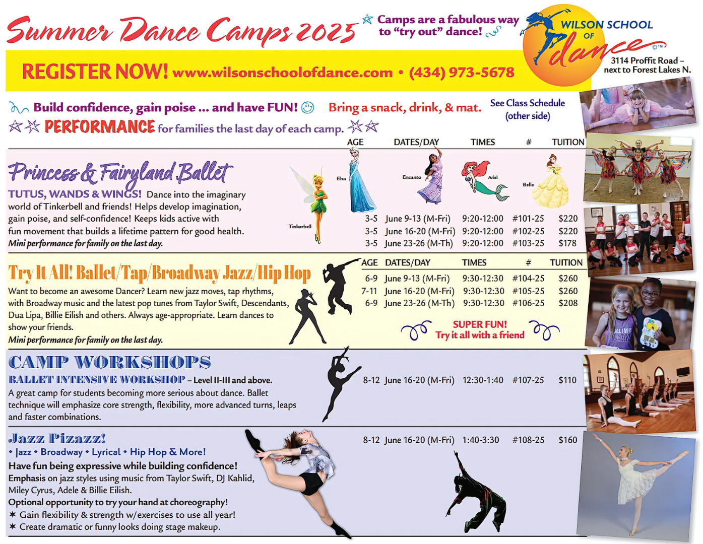 a poster for the wilson school of dance shows a calendar for summer dance camps .