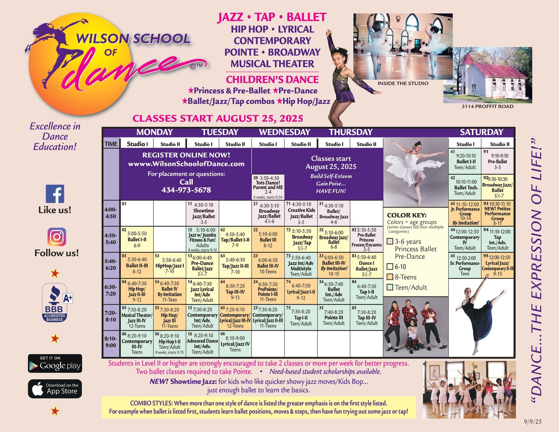 a poster for the wilson school of dance shows a calendar for summer dance camps .