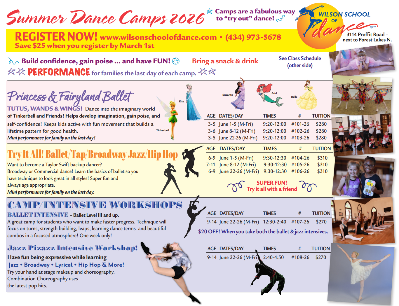 a poster for the wilson school of dance shows a calendar for summer dance camps .