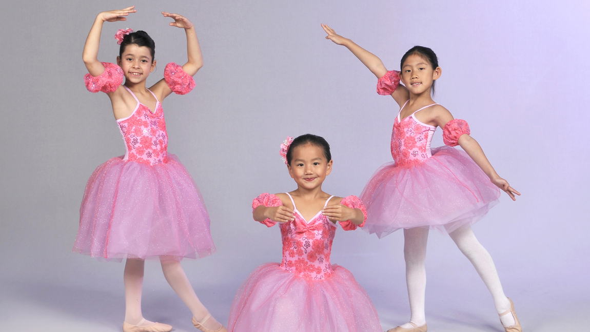 three young girls in pink tutus are standing next to each other on a purple background .