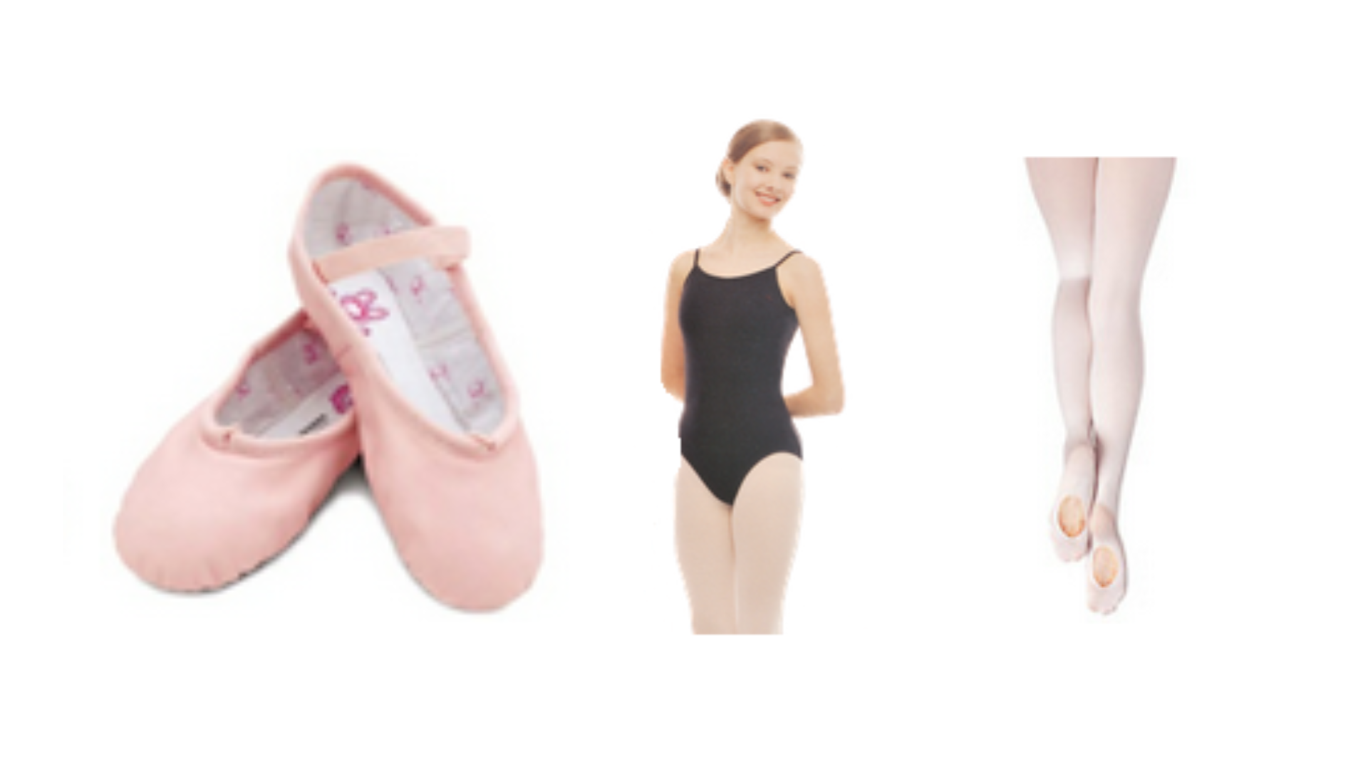 a pair of pink ballet shoes a black leotard and pink tights