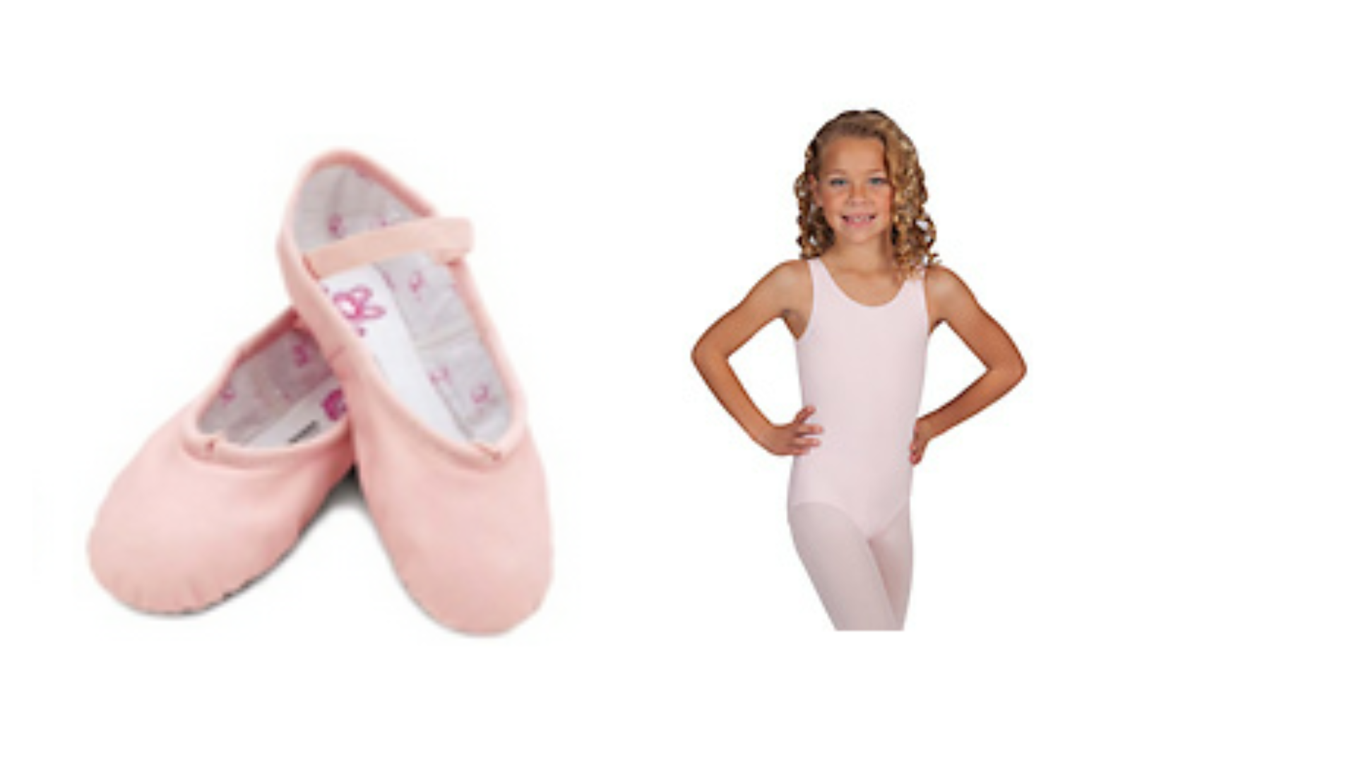 a pair of pink ballet shoes and a girl in a pink leotard