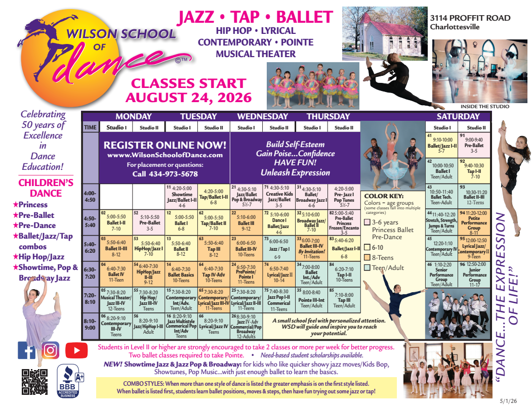 a poster for the wilson school of dance shows a calendar for summer dance camps .