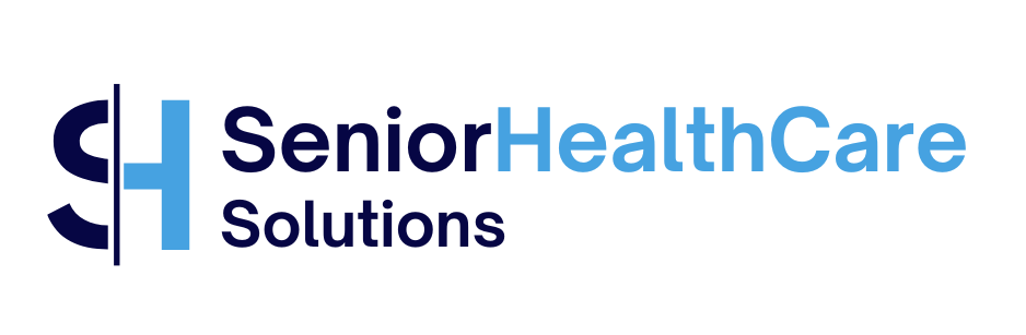 The logo for senior healthcare solutions is blue and white.