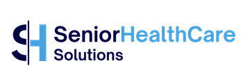 The logo for senior healthcare solutions is blue and white.