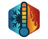 A thermometer in a hexagon split into blue (cold) and red (hot) halves, with a snowflake and flames.