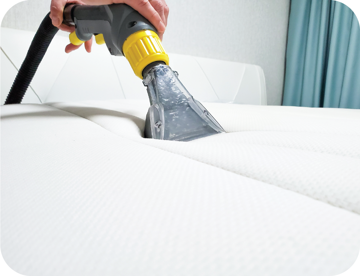 A person is cleaning a mattress with a vacuum cleaner.