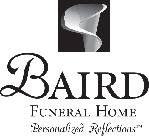 Logo for Baird Funeral Home, featuring a white calla lily on black background and the name in elegant script.