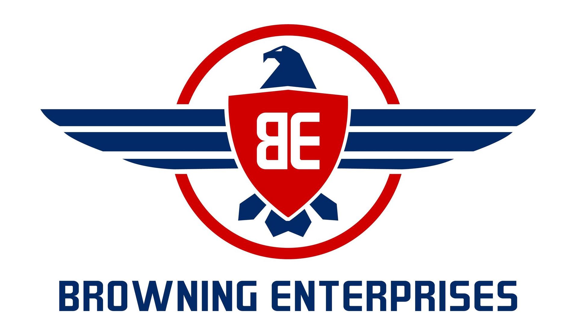Logo for Browning Enterprises: eagle within a red circle, blue wings, red shield with