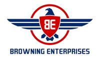 Logo for Browning Enterprises: eagle within a red circle, blue wings, red shield with