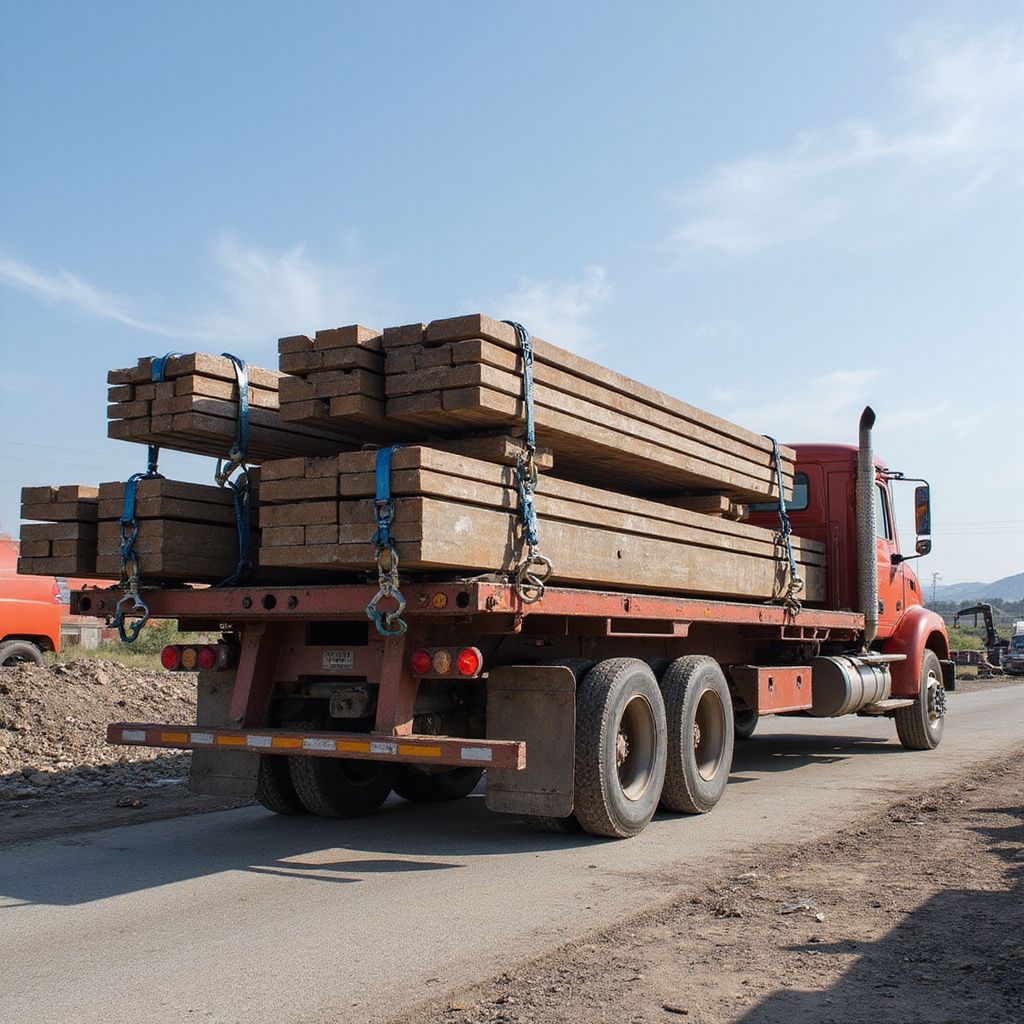Red truck carrying stacks of wooden beams secured with straps on a road with blue sky.