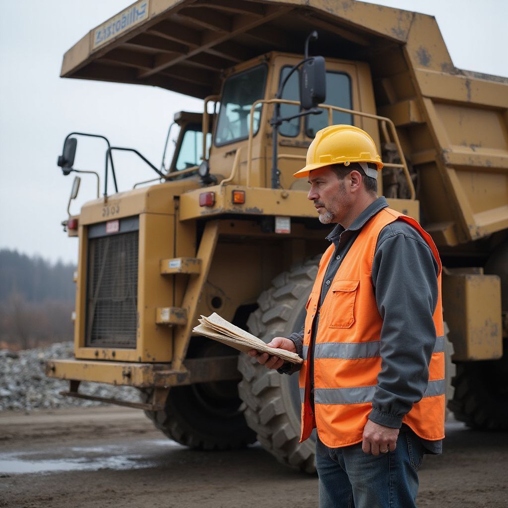 Man in hard hat and safety vest, looking at notes, next to a large dump truck.