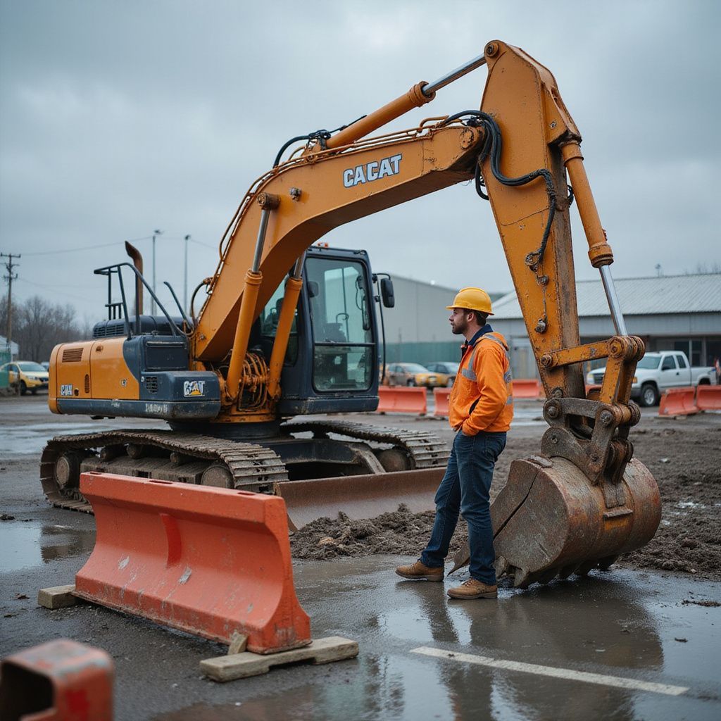 Construction worker stands by excavator on wet ground. Orange and yellow machinery and barriers.
