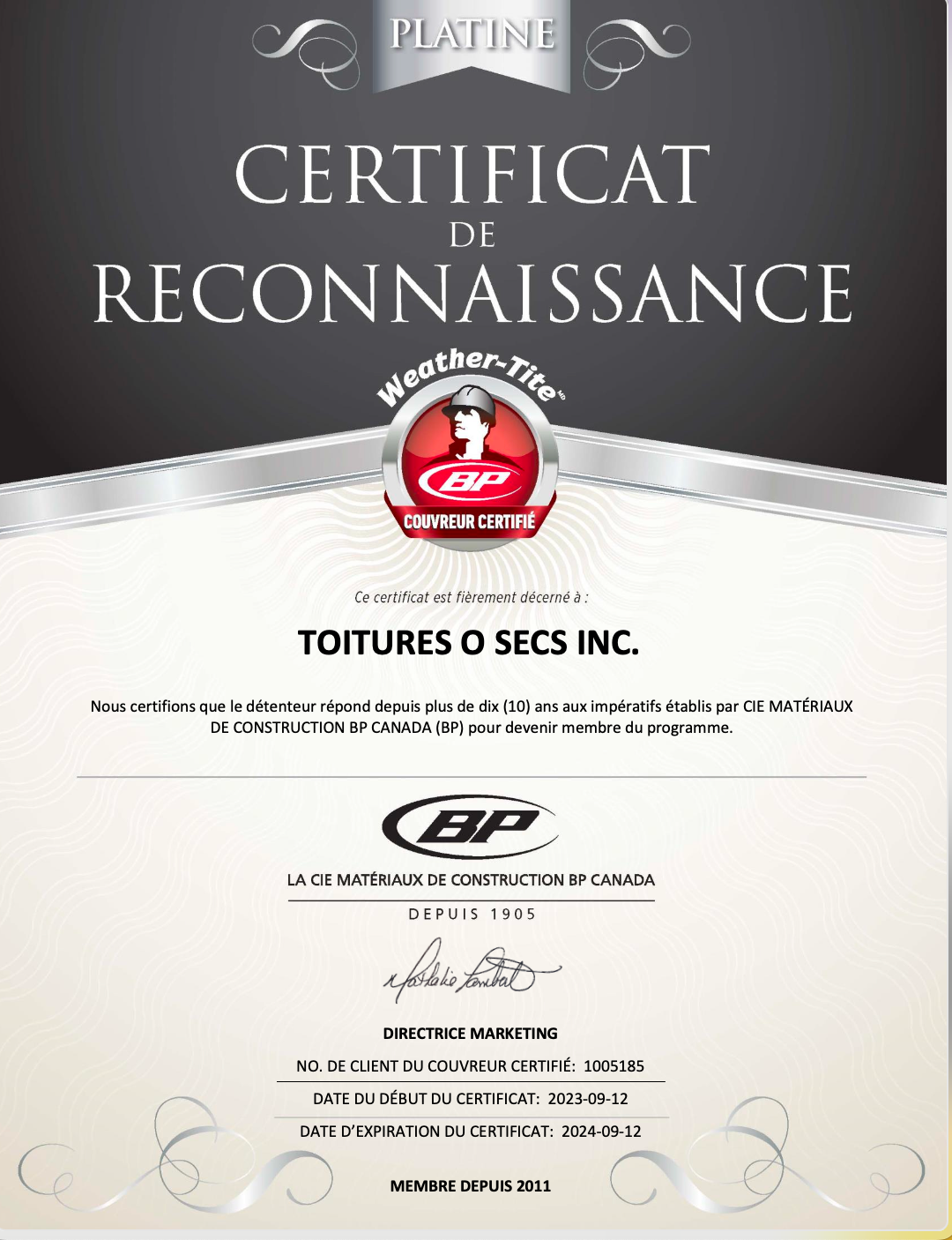 A certificate that says ' certificat de reconnaissance ' on it
