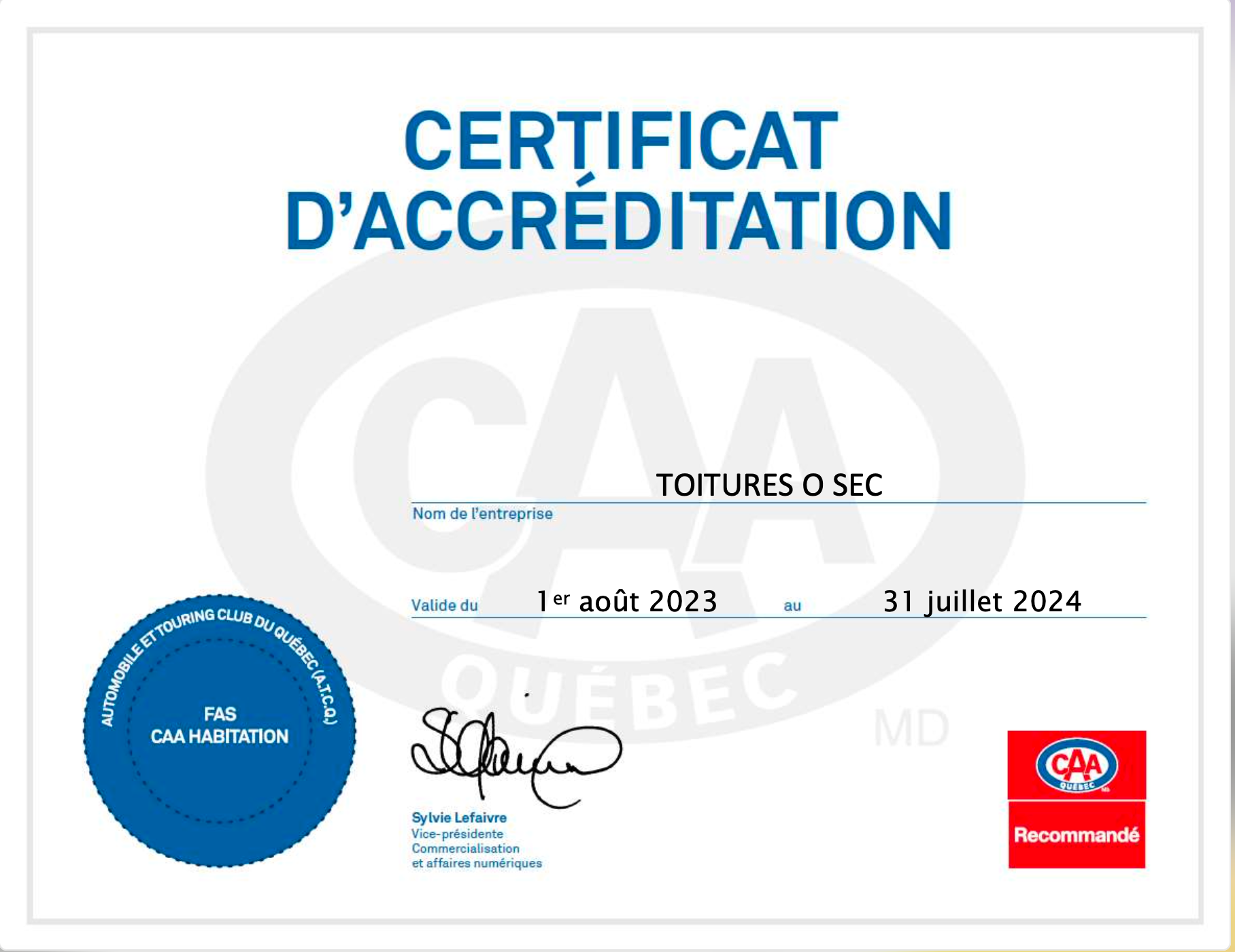 A certificate that says certificat d' accreditation on it