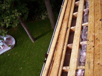 Une vue aérienne d'un toit en bois avec des arbres en arrière-plan