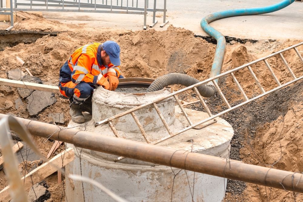 Construction worker inspecting a concrete vault, wearing an orange vest and hard hat. A ladder and hose are nearby.