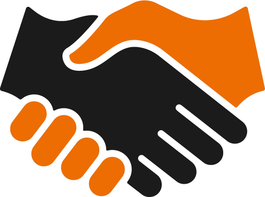 A black and orange handshake on a white background
