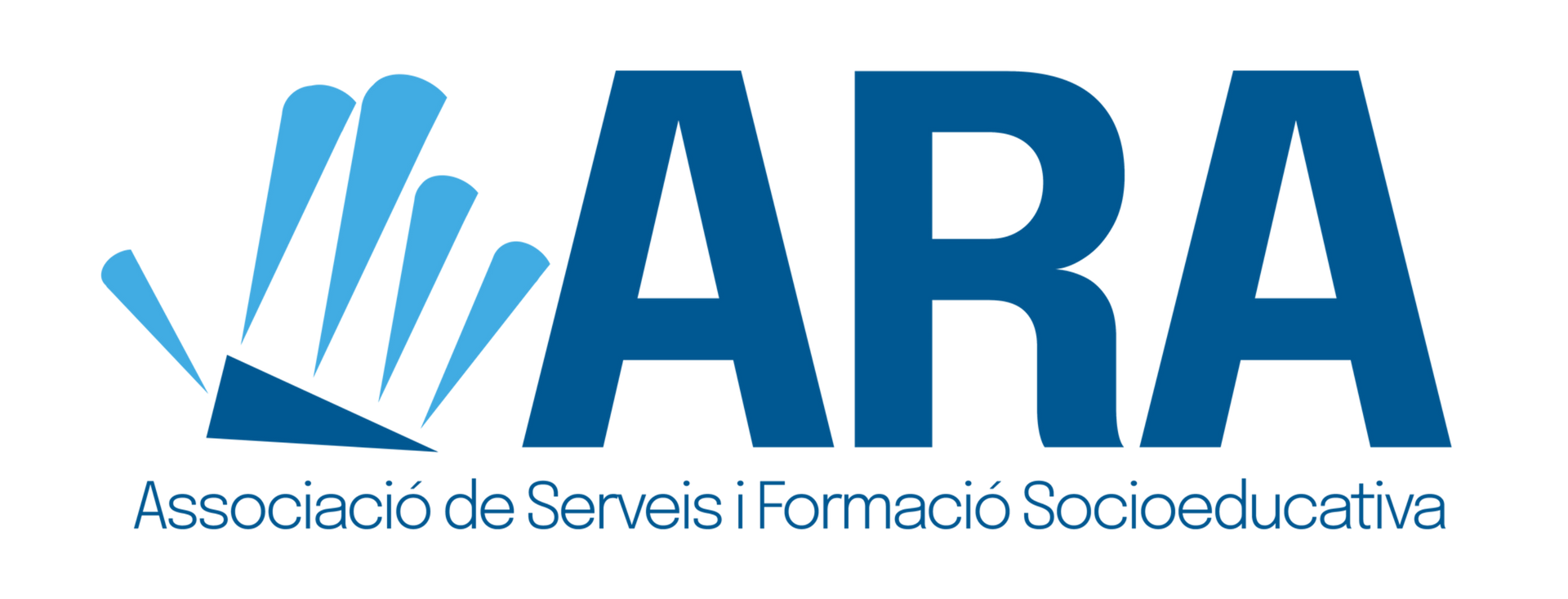 Logo for ARA, Associació de Serveis i Formació Socioeducativa. Features stylized hand with blue strokes and navy text on a white background.