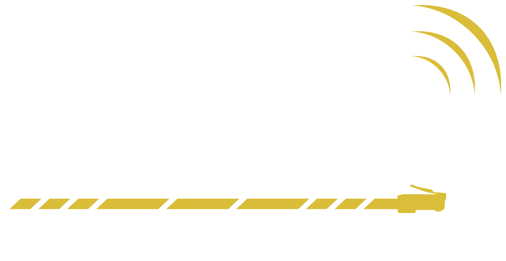 Gold and white logo with sound waves and an ethernet cable.