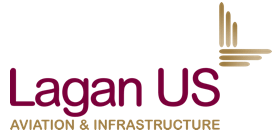 Logo for Lagan US Aviation & Infrastructure. Text is burgundy, graphic elements are tan.